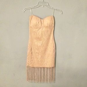 Double zero strapless fringe shimmer pink dress